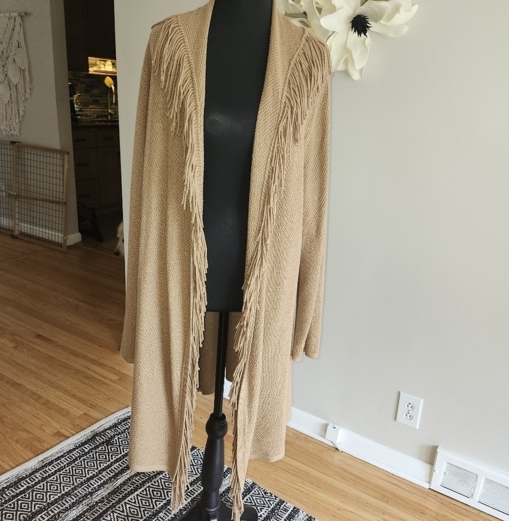 J. Jill Tan Fringed sweater coat